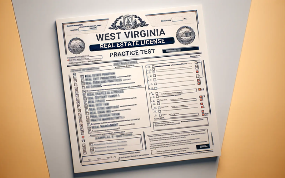 A West Virginia real estate license practice test on a desk.